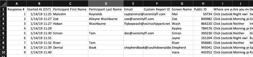 Responses by participant report csv spreadsheet