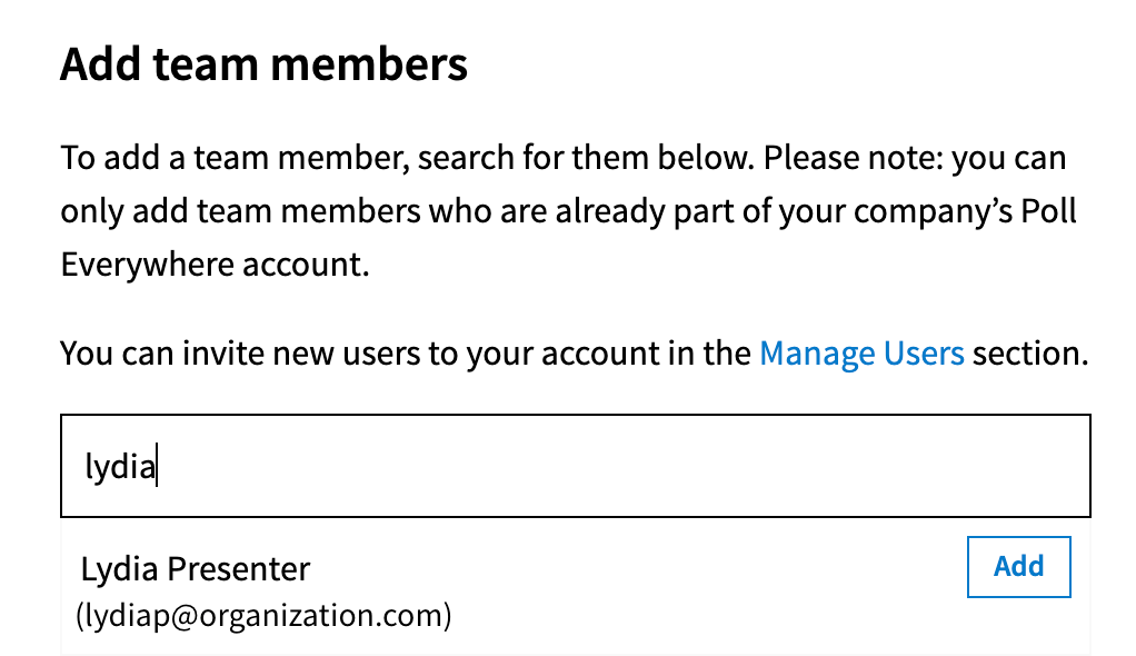 Use text field to add members to team