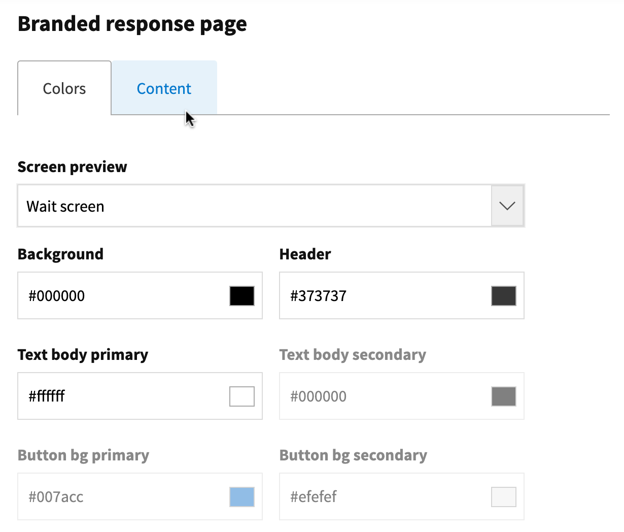 Branded response page Colors tab view