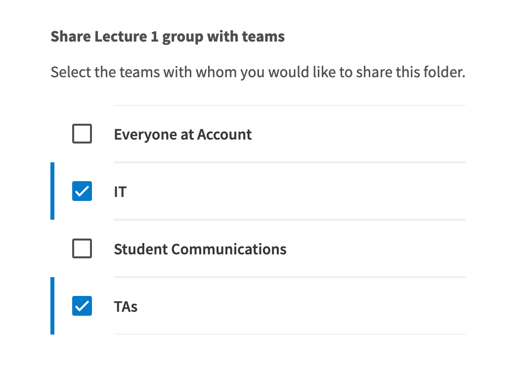 Use checkboxes to share the activities with other teams