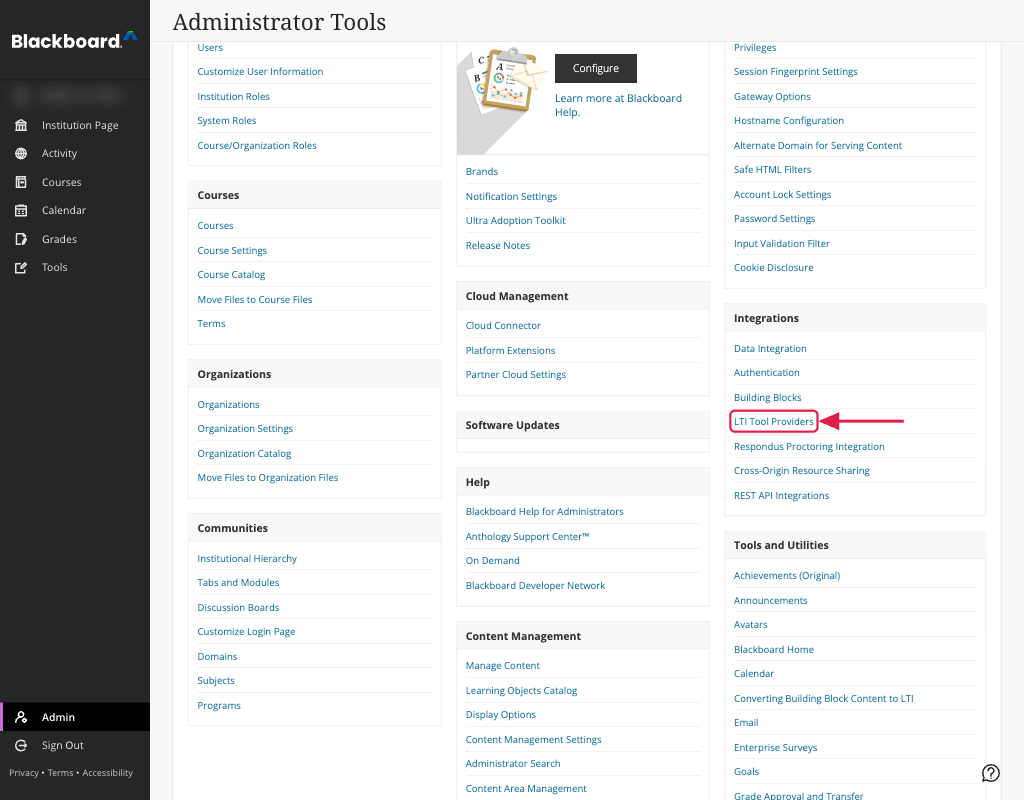 Blackboard Administrator Tools panel with LTI Tool Providers highlighted in the Integrations section
