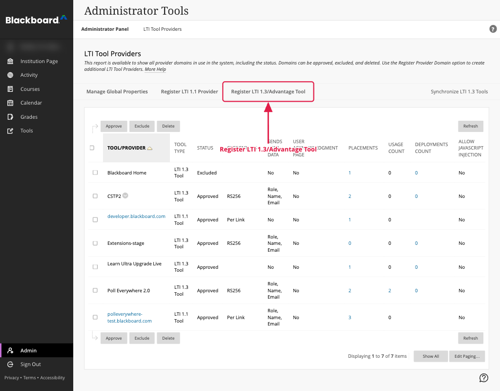 LTI Tool Providers page with the Register LTI 1.3/Advantage Tool button highlighted