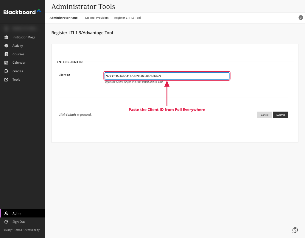 Register LTI 1.3/Advantage Tool form with the Client ID field highlighted