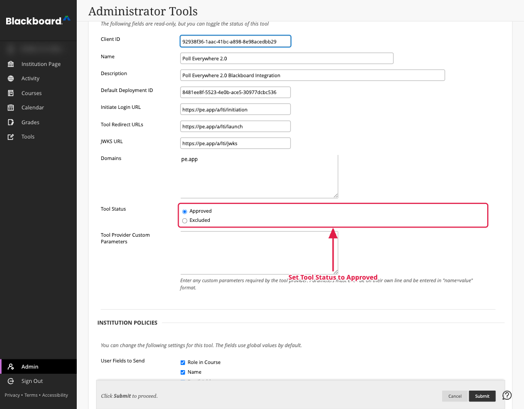 Tool configuration page showing pre-filled Poll Everywhere values with Tool Status set to Approved