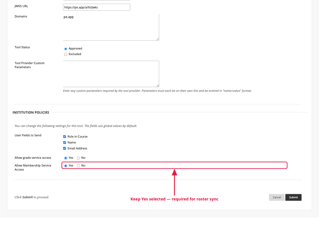 Institution Policies section with Allow Membership Service Access highlighted and set to Yes"