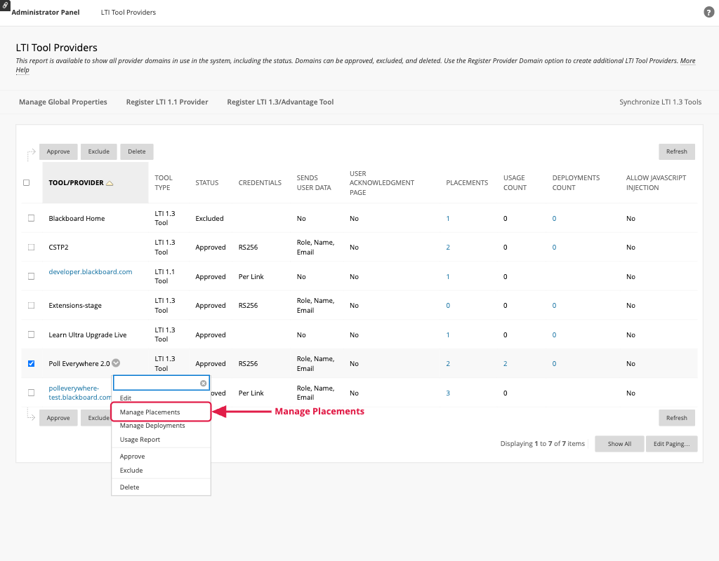 Poll Everywhere 2.0 options menu with Manage Placements highlighted