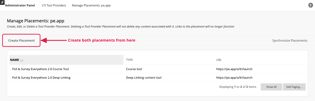 Manage Placements page with the Create Placement button highlighted
