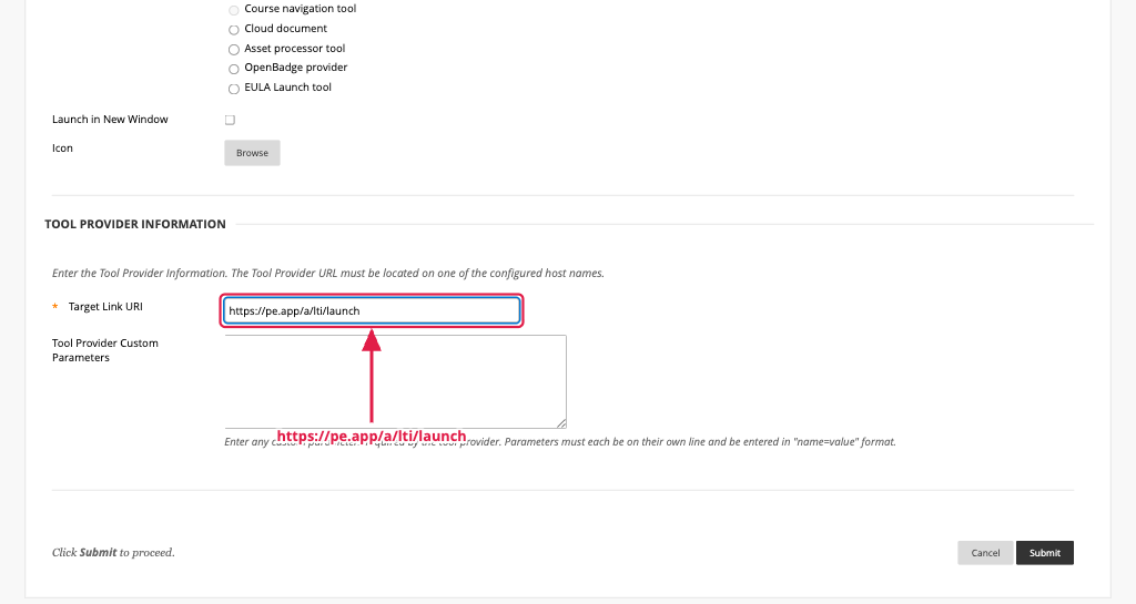 Tool Provider Information section with the Target Link URI highlighted