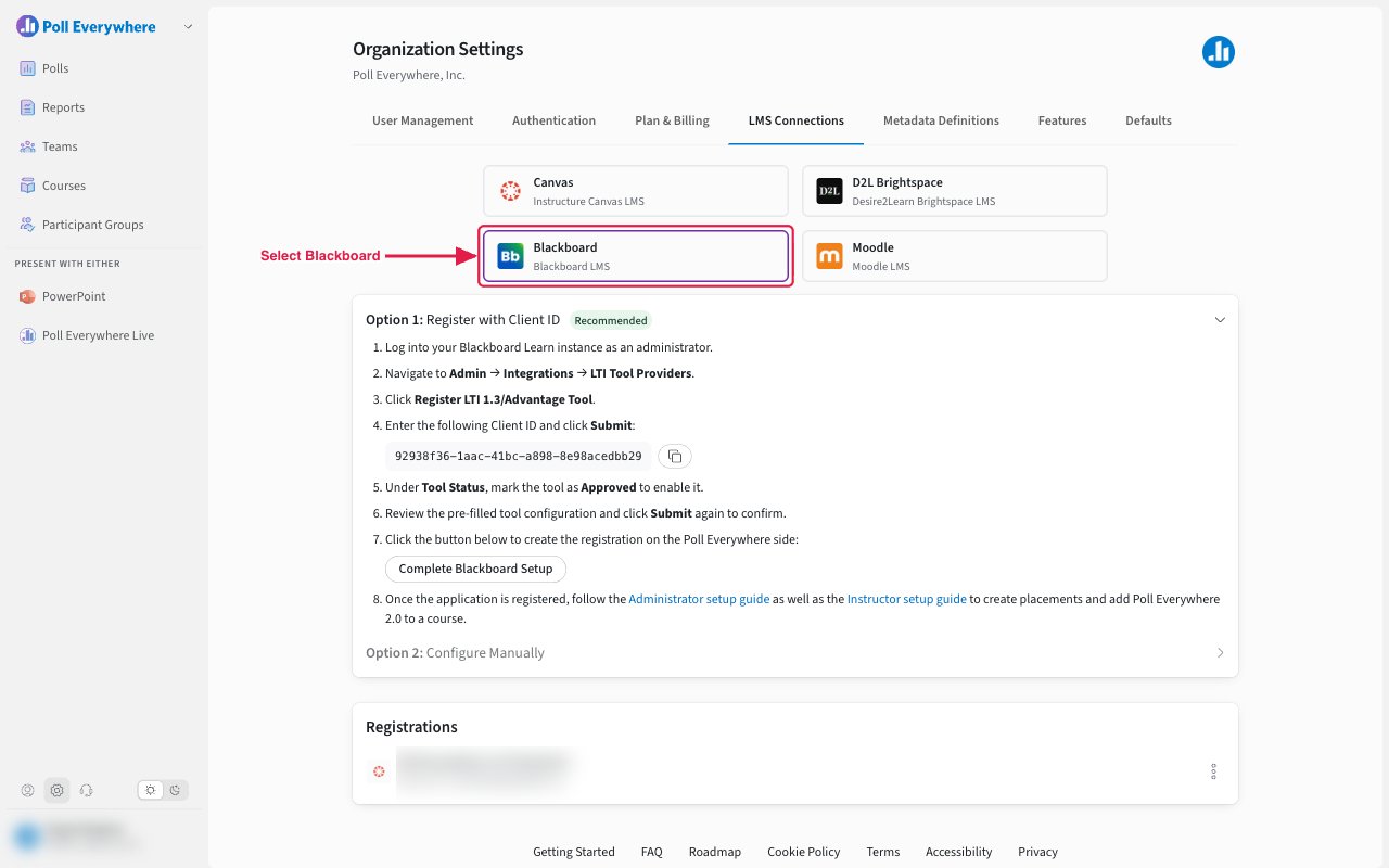 Poll Everywhere Organization Settings, LMS Connections tab, with the Blackboard provider highlighted