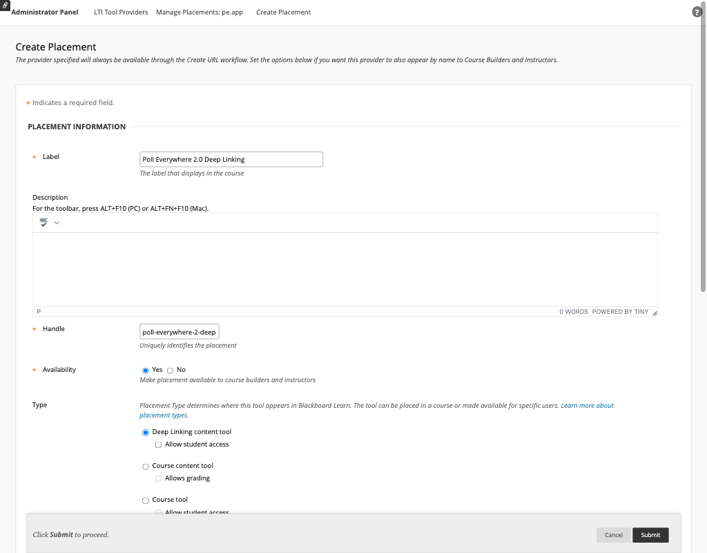 Create Placement form filled in for the Deep Linking placement"