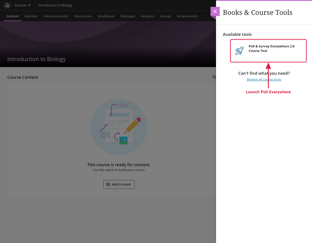Books & Course Tools panel with the Poll Everywhere 2.0 course tool highlighted