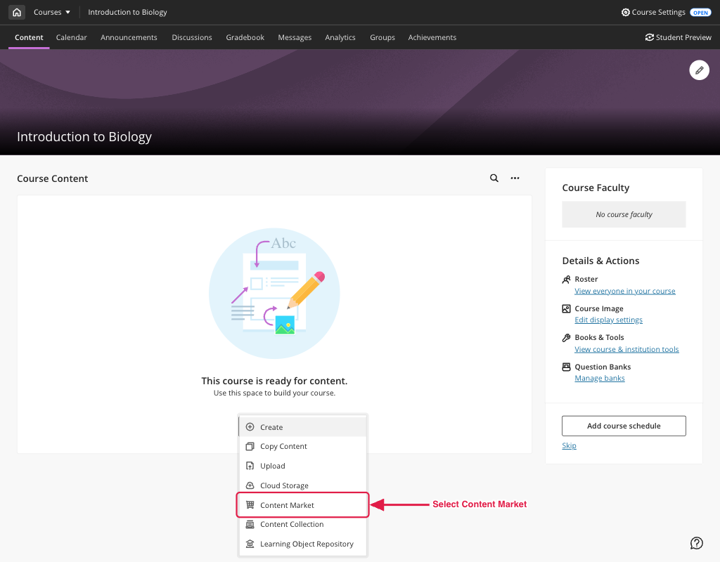 Add Content menu in an Ultra course with Content Market highlighted