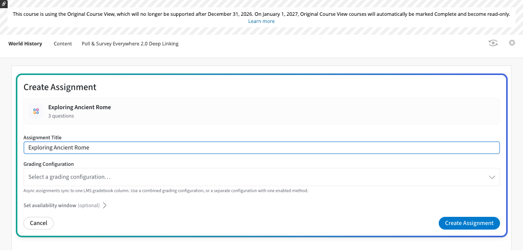 Create Assignment screen with title and grading configuration options