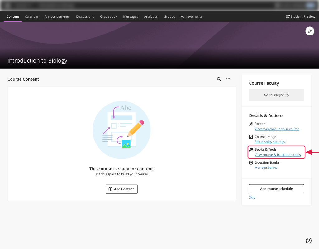 Ultra course page with Books & Tools highlighted in the Details & Actions sidebar