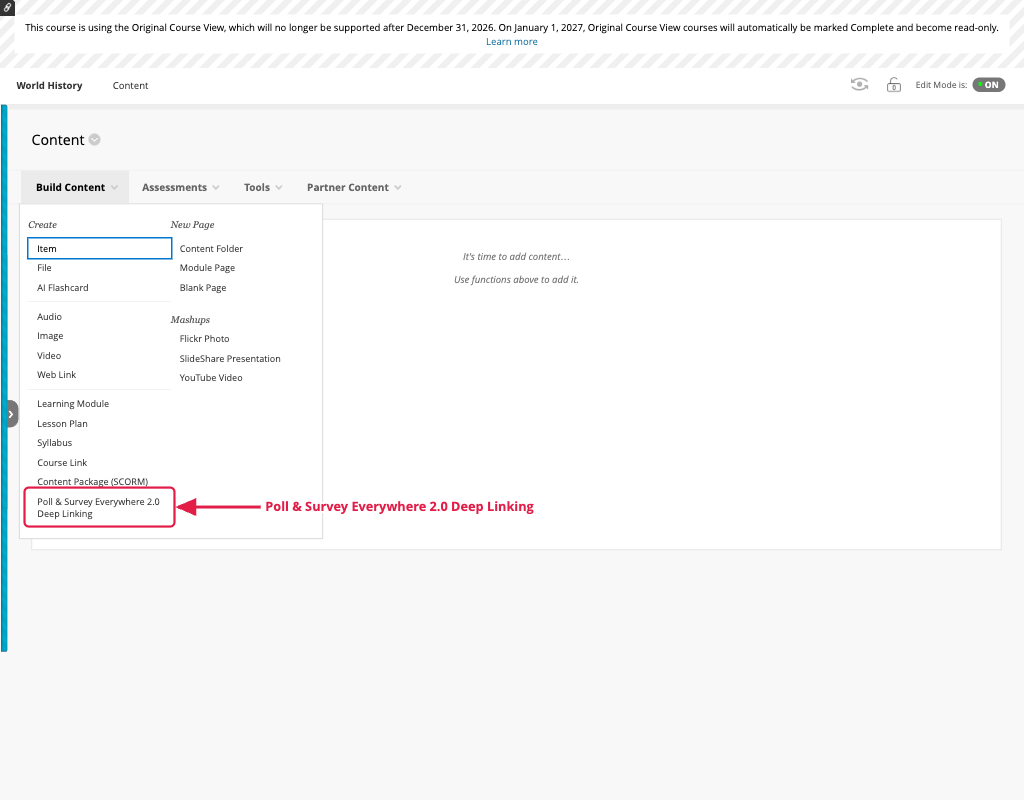 Build Content menu with Poll Everywhere 2.0 Deep Linking highlighted