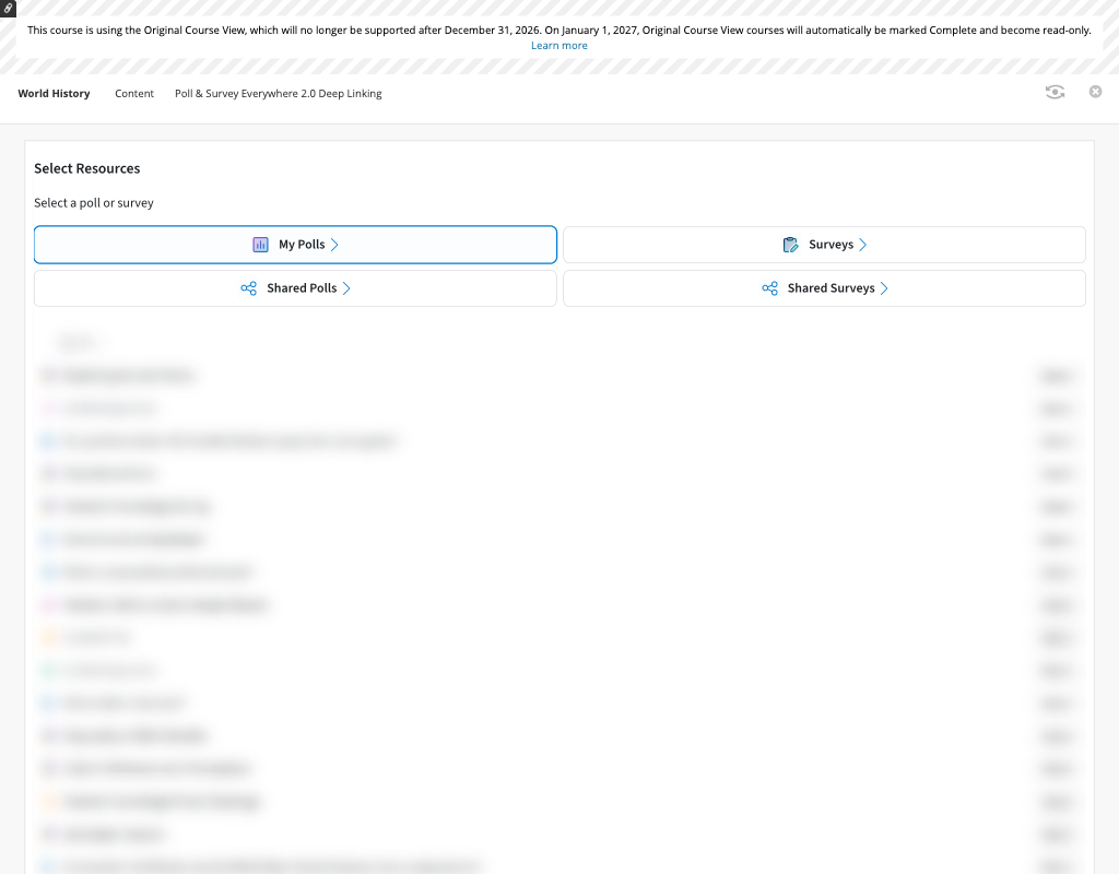 Poll Everywhere Select Resources screen inside an Original course