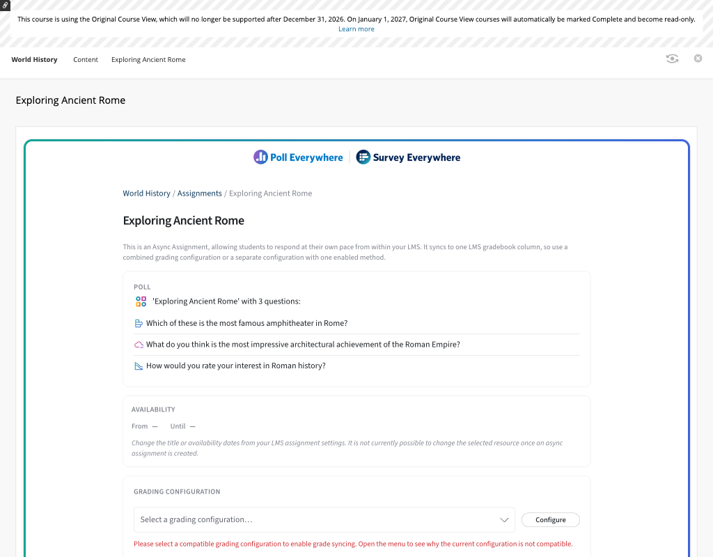 Poll Everywhere assignment view launched inside an Original course