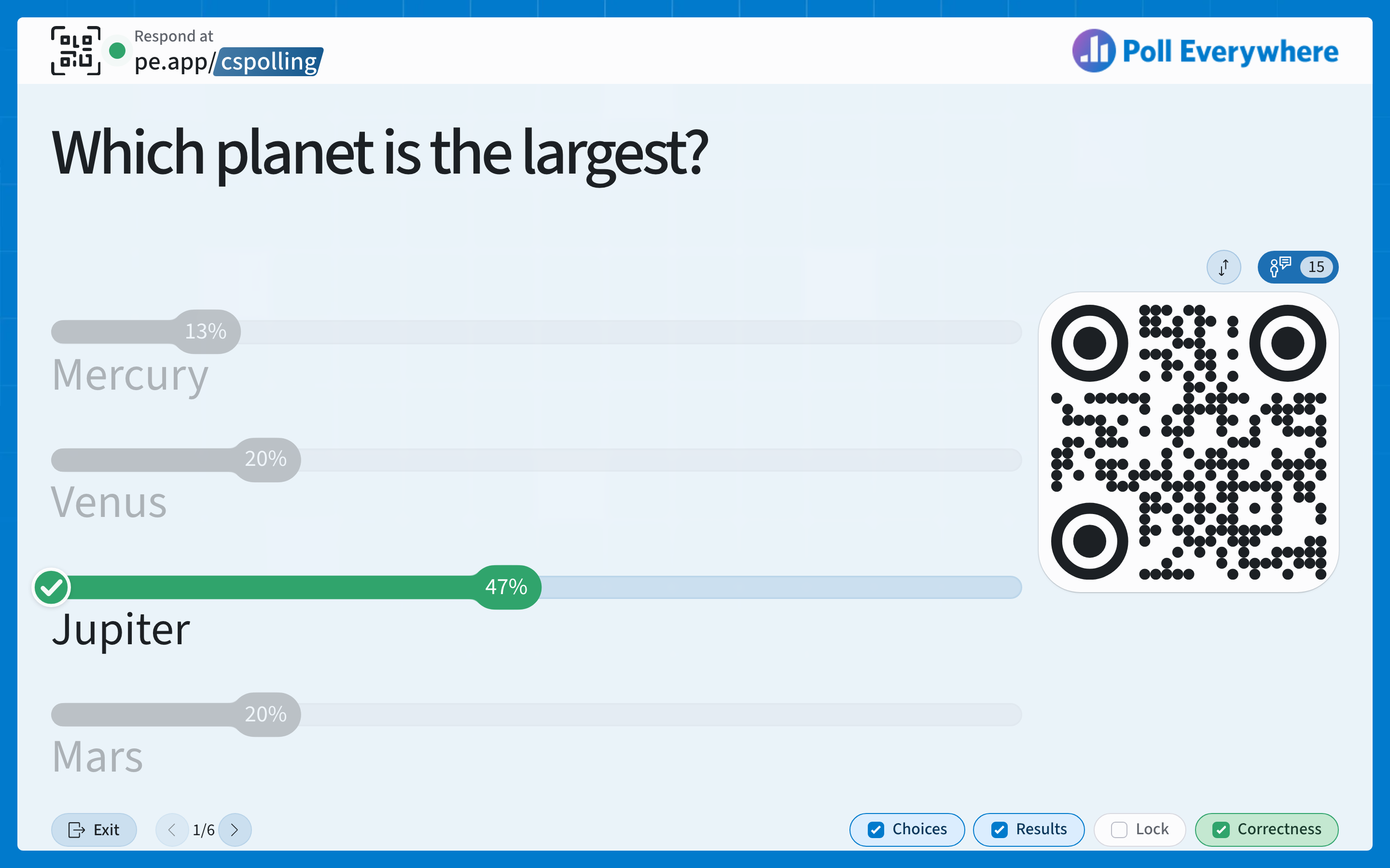 Presenting with Correctness on: Jupiter's bar is green with a check and the other answers are faded